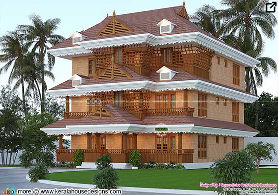 Kerala Traditional Style 3 Story Exterior Design
