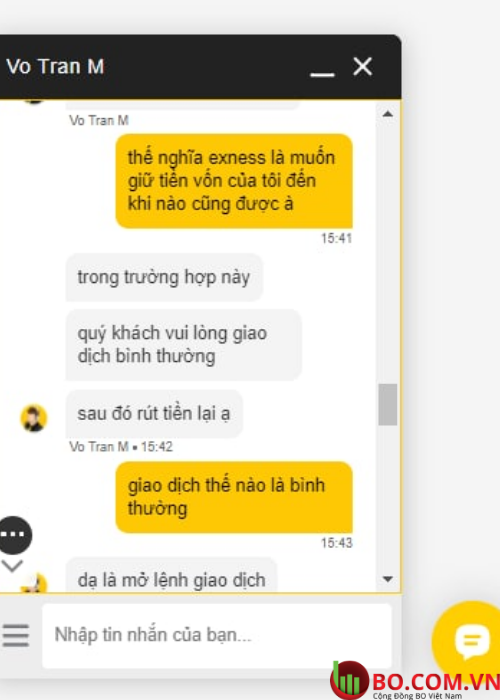 Đoạn chat của khách hàng với người hỗ trợ thuộc sàn Exness