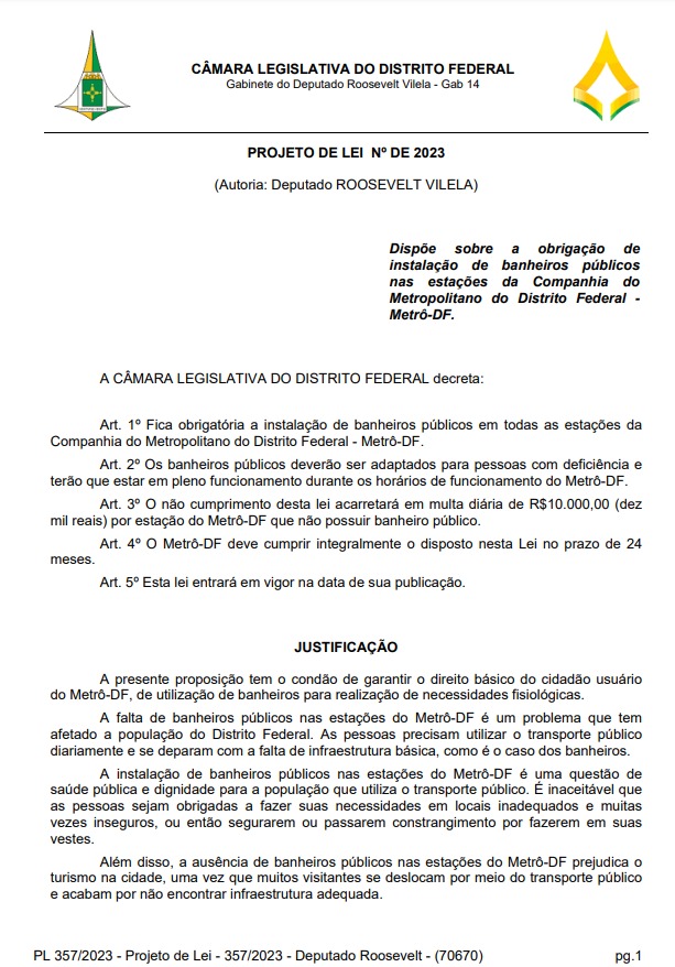 Deputado Roosevelt (PL-DF) propõe instalação obrigatória de banheiros públicos nas estações do Metrô-DF