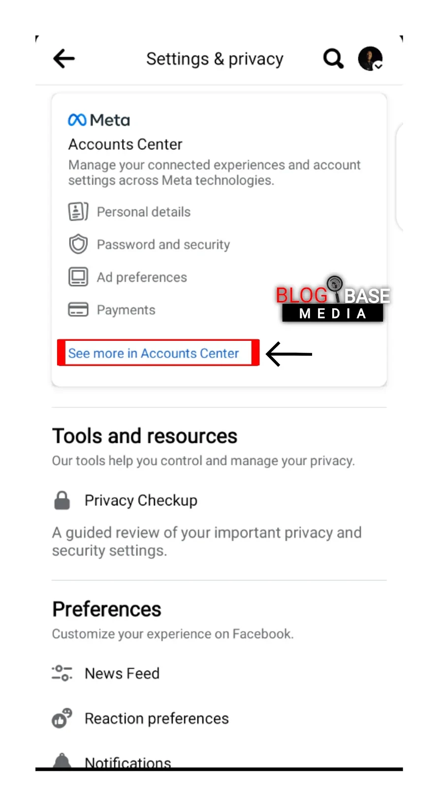 Facebook account center settings screenshot