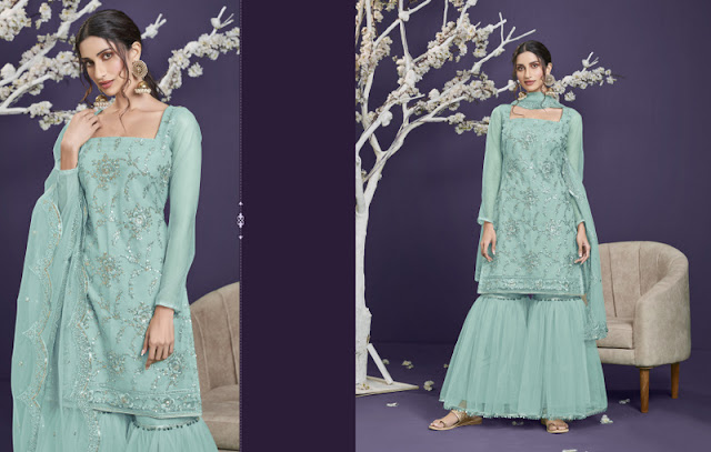 Aqua Blue Butterfly Net Thread,Double Sequance Embroidery Work Semi-Stitch  Sharara Suits