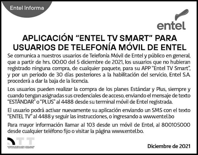 Aplicación "ENTEL Tv Smart" para usuarios de Telefonía Móvil de ENTEL