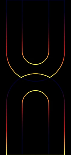 Modern abstract wallpaper featuring twin arches glowing in neon hues of orange, yellow, and blue on a black background, evoking a sense of depth and mystery.