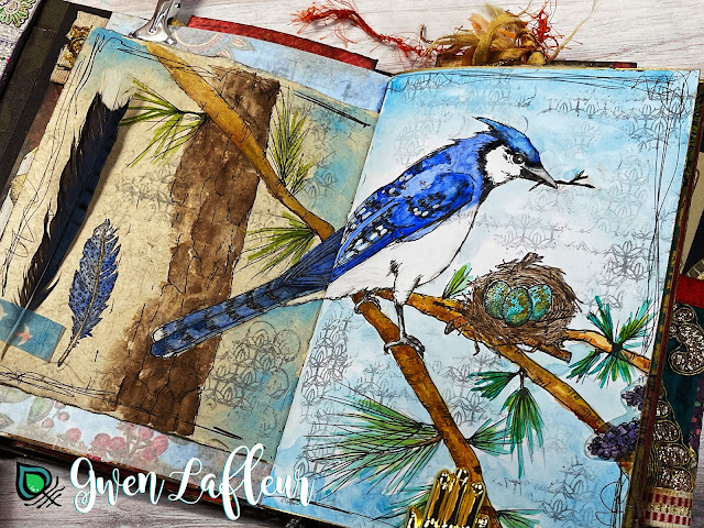 Blue Jay with a stamped nest journal page with EGL26 - Gwen Lafleur