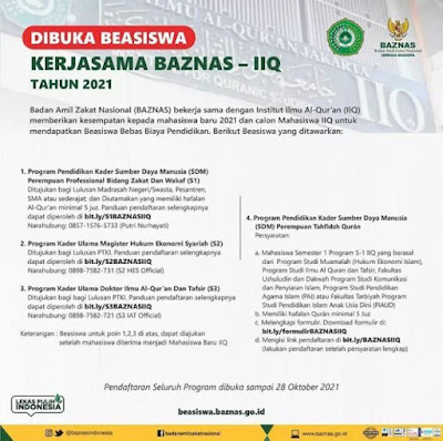 Dibuka! Pendaftaran Beasiswa Kerjasama BAZNAS - Institut Ilmu Al-Qur’an Bagi S1 S2 dan S3, Cek Kualifikasinya