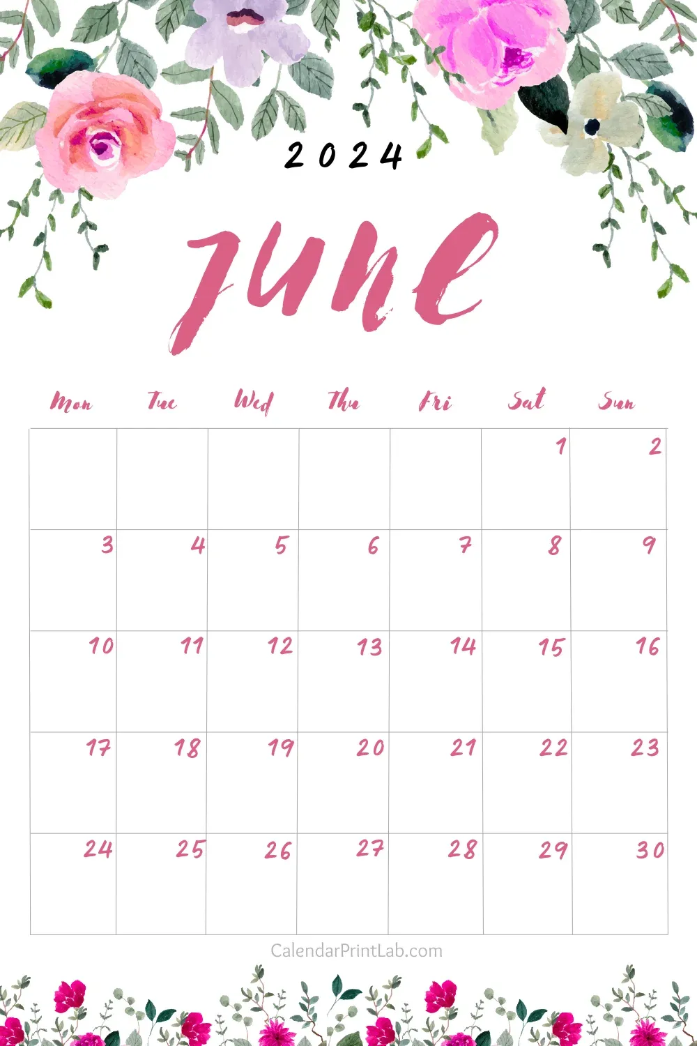 2024 June Floral Calendar for Walls