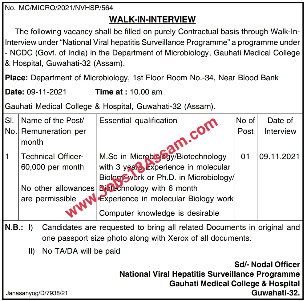 Guwahati Medical College Recruitment 2021 - Technical Officer Vacancy