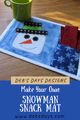 applique and quilted snowman mug rug, snack mat with napkin pocket