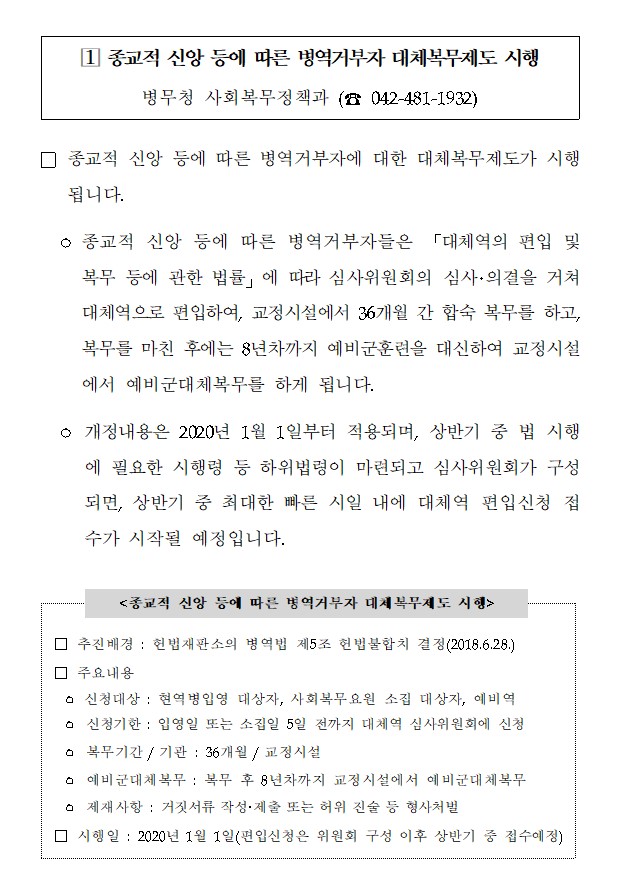 종교적 신앙 등에 따른 대체복무제도 시행 교정시설 36개월 예비군 8년 병무청