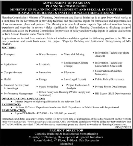 Jobs in Pakistan's Planning Commission for Sector Specialists, Experts, and Consultants in 2022 (All Major Departments).