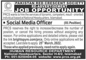 Latest Social Media Officer Posts 2022 in Pakistan Red Crescent Society Islamabad