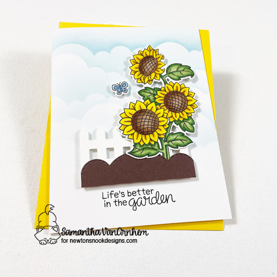 Sunflower Card by Samantha VanArnhem | Sunflower Days Stamp Set,Fence Die Set and Clouds Stencil by Newton's Nook Designs #newtonsnook #handmade