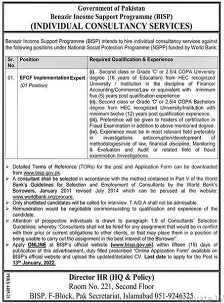 Benazir Income Support Programme BISP Jobs 2022