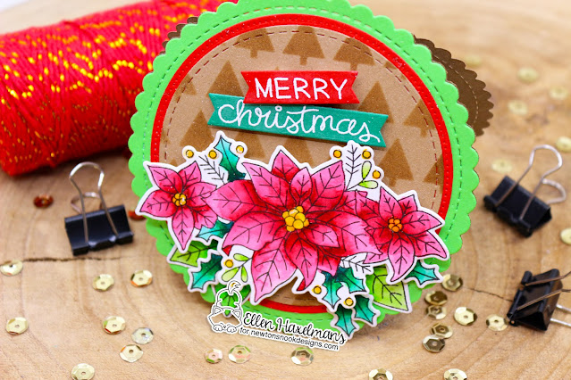 Poinsettia Christmas Card by Ellen Haxelmans | Poinsettia Blooms Stamp Set, Tiny Trees Stencil and Circle Frames Die Set by Newton's Nook Designs #newtonsnook