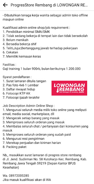 Lowongan Kerja Admin Toko Distro Progres Store Rembang