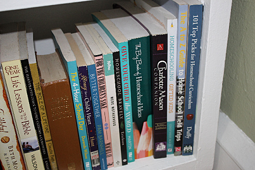 Homeschool books on a shelf
