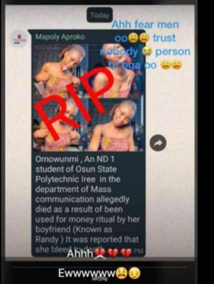 Osun Poly Student Allegedly Used For Rituals Hours After Visiting Boyfriend