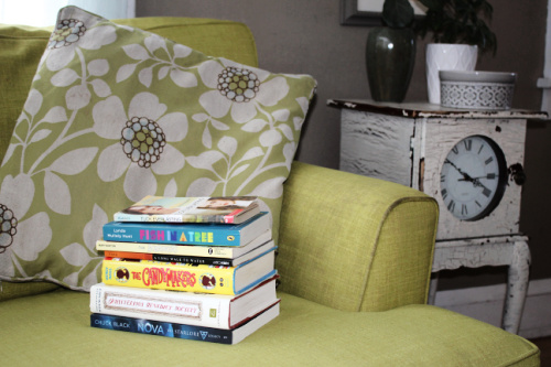 Stack of middle school books on couch