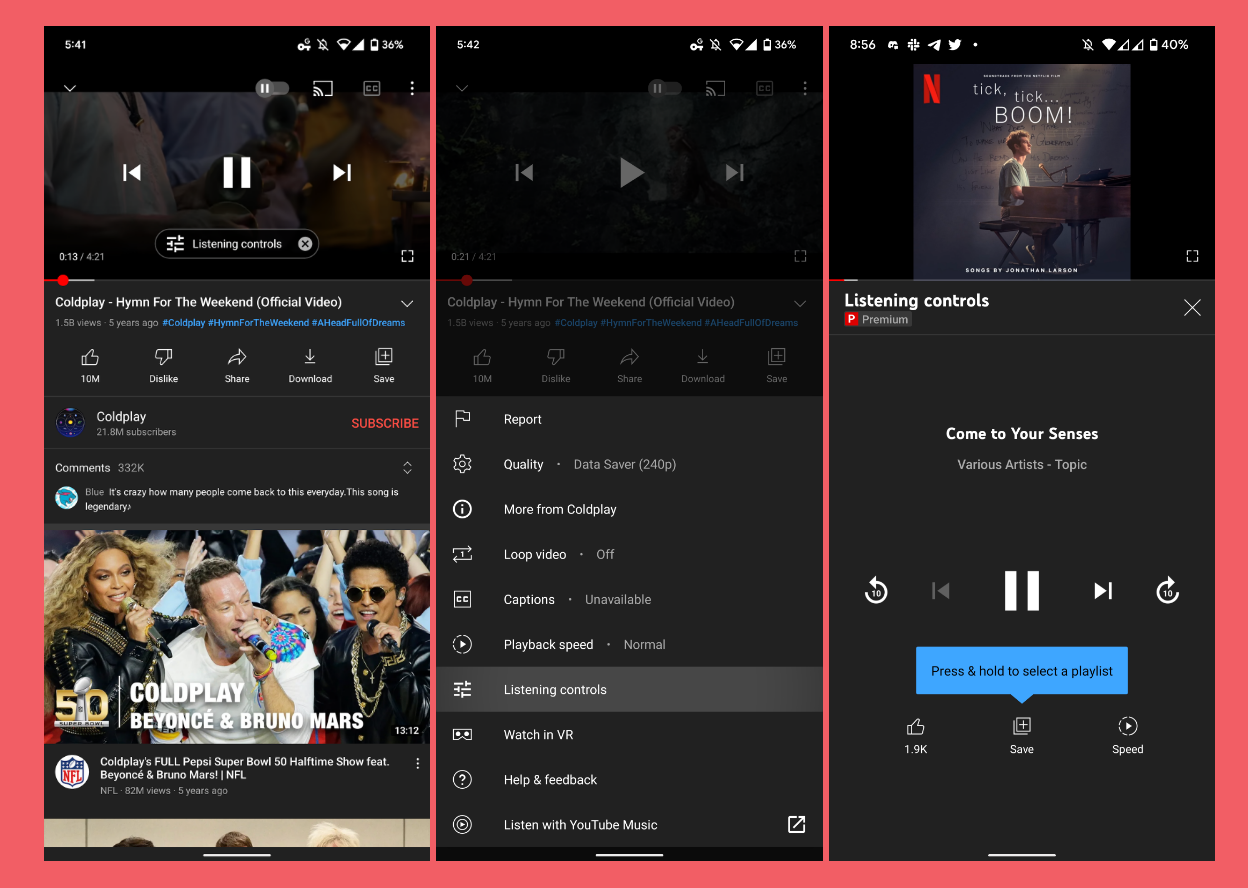 For YouTube Premium users, listening controls are accessible on both ...