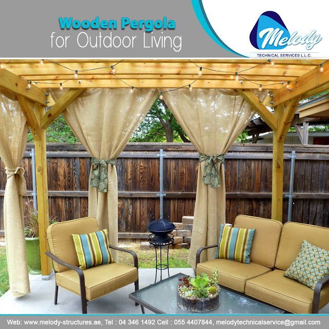 Wooden Pergola Curtain in Dubai | Curtain Pergola Manufacture in UAE | Wooden Pergola with Curtains in Abu Dhabi