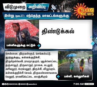 கனமழை காரணமாக  (27.11.2021) சனிக்கிழமை விடுமுறை அறிவிக்கப்பட்டுள்ள மாவட்டங்கள்