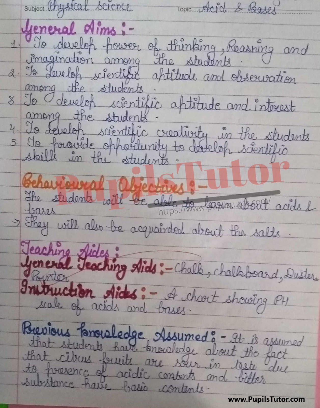 Chemistry Lesson Plan For Class 7 And 8 On Acid Base Reaction – (Page And Image Number 1) – Pupils Tutor