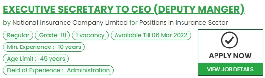 EXECUTIVE SECRETARY TO CEO (DEPUTY MANGER) National Insurance Company Limited