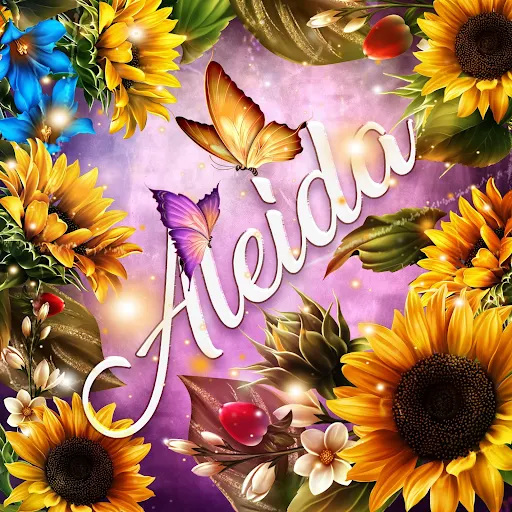 imágen con el nombre alexia con fondo de girasoles y mariposas para descargar gratis