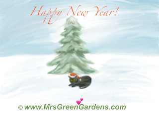 Happy New Year card with Christmas tree in snow and black cat with Santa hat, stocking cap, MrsGreenGardens.com.