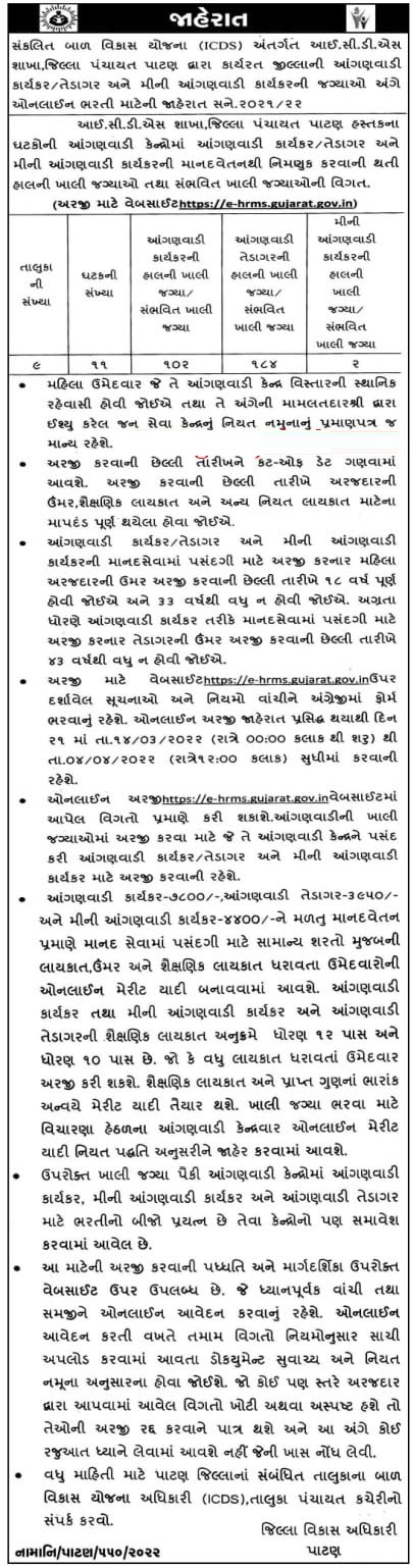 Maru Gujarat Job of Patan Anganwadi ICDS Vacancy 2022 for Worker & Helper (Tedagar) Posts - Jobs in Patan - Last Date 04 April 2022
