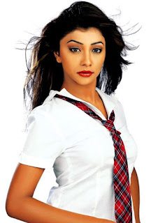 wearing tie, flaunting boobs in white top, black open hair