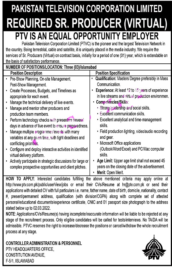 Pakistan Television Corporation PTV Jobs 2022 Latest  Apply Online