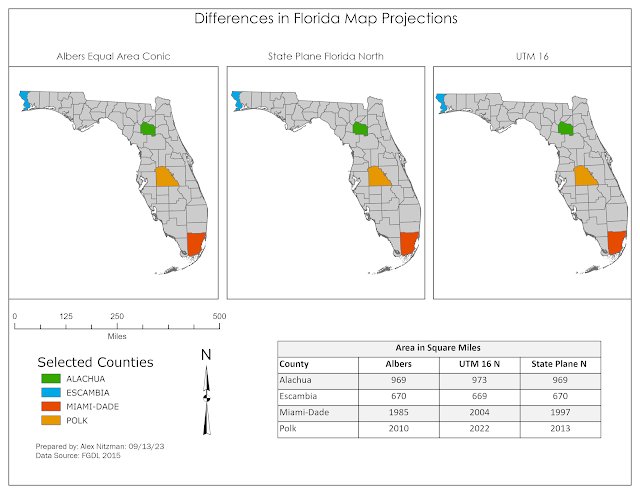 Florida County Map in three projections Final map showing Florida with a selected Counties layer in Albers, FL State Plane N and UTM 16 N