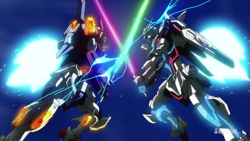 “GAT-X105B/CM Build Strike Gundam Cosmos, un Gundam personalizado de color azul y blanco, en una pose de batalla.”