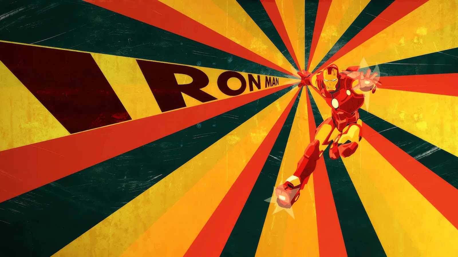 Stylized artwork of a superhero Ironman from Marvel comics in a red and gold suit flying forward with dynamic, radiating background.