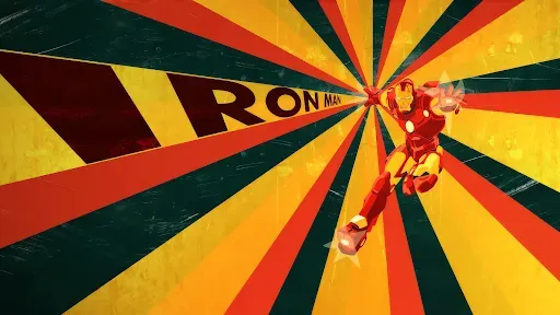 Stylized artwork of a superhero Ironman from Marvel comics in a red and gold suit flying forward with dynamic, radiating background.