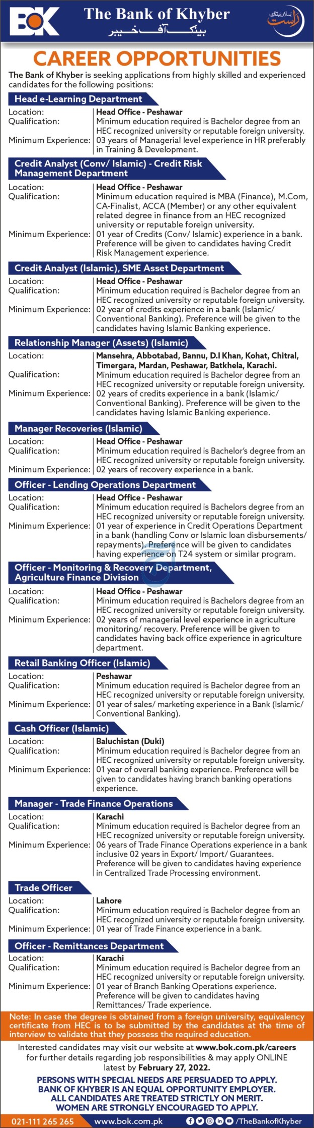 Bank of Khyber BOK Jobs 2022 – Apply Online via www.bok.com.pk