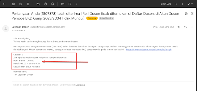 Balasan Email Pusat Bantuan SISTER