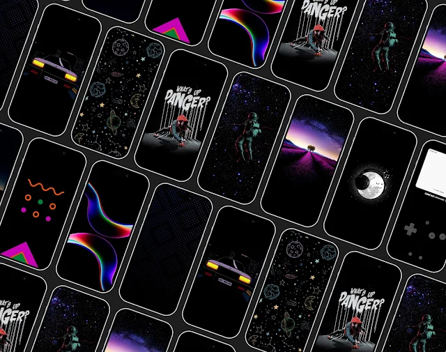 This image is a screenshot of a graphic design project, featuring a group of cell phones with various images displayed on their screens. The dominant colors in the image are black and pink, with accents of bright purple. The overall aesthetic is abstract and futuristic, with elements of technology and space exploration present.