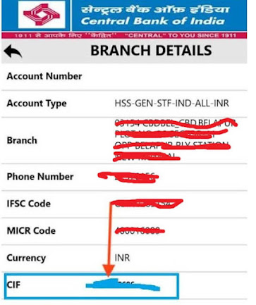 CIF number in central bank of India