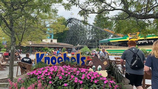 Knoebels Sign In Front of Phoenix Wooden Roller Coaster