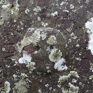 A photograph of a faded, carving of a round style skull on a gravestone.  The stone is covered in lichen and Memento Mori is carved around the skull.