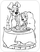 Lady and the Tramp eat pasta coloring page