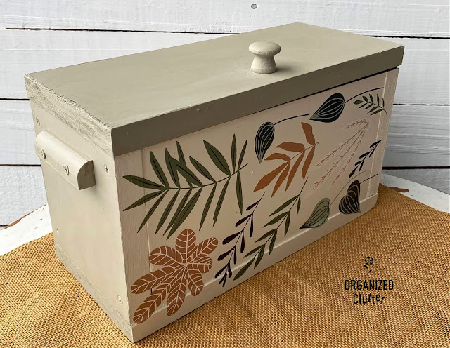 Photo of a thrifted wooden box upcycled with Dixie Belle Chalk Dried Sage and Drop Cloth Paint and Redesign with Prima Greenery House Decor Transfer.