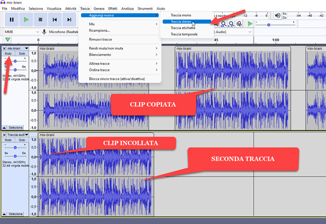 copia incolla della clip in una seconda traccia