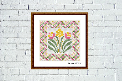 Pink Art nouveau flower cross stitch ornament embroidery pattern