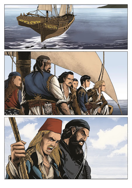 Tα κόμικς του Καραμπάλιου μοιάζουν με ένα σινεμά της αλήθειας φτιαγμένο από μελάνι και χαρτί. Διαβάζοντάς τα, ανεβαίνουμε μαζί με τους «μαυροκαραβίτες» στα καταστρώματα των πλοίων τους και εξερευνούμε την ελληνική ιστορία.