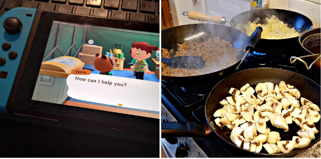 Animal Crossing on the Switch and pans on the cooker