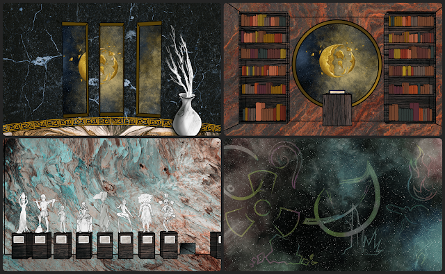 Four images: A window with a shattered planet, a library, a row of statues, a starry scene with magic symbols.