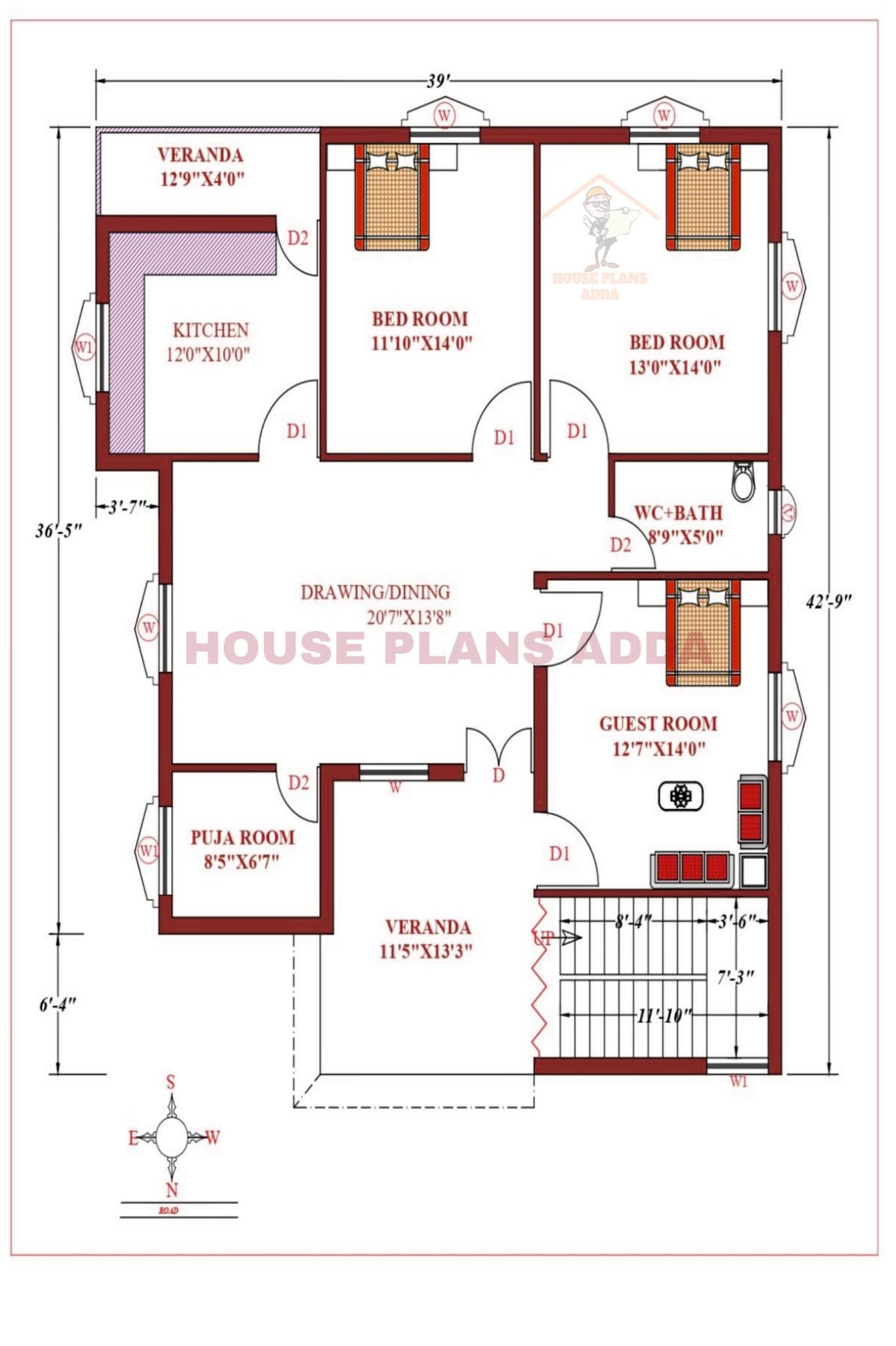 House plan 3bhk north facing